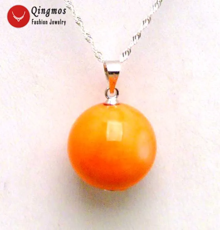 

Qingmos Natural 17-18mm Orange Coral Pendant Necklace for Women with Genuine Coral Chokers 16" Silver S925 Chain Jewelry