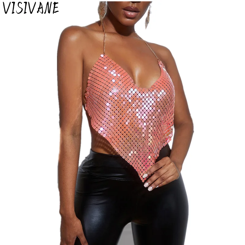 

Visivane Performance Summer Party Stage Sequined Tshirts Backless Bastet Short Tops Sexy Club Fashion Women Clothing Y2k Clothes