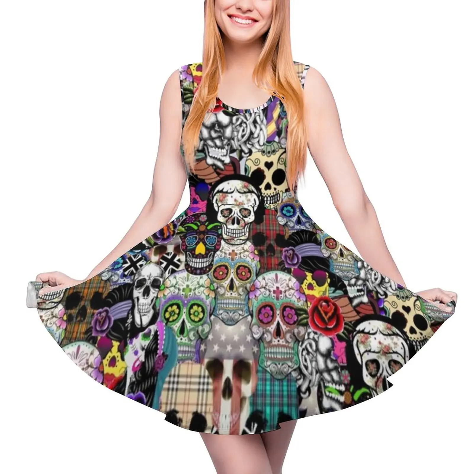 

Colorful Sugar Skull Dress Abstract Plaid Skulls Design Night Club Dresses Streetwear Big Size Skate Dress Women Date Vestidos