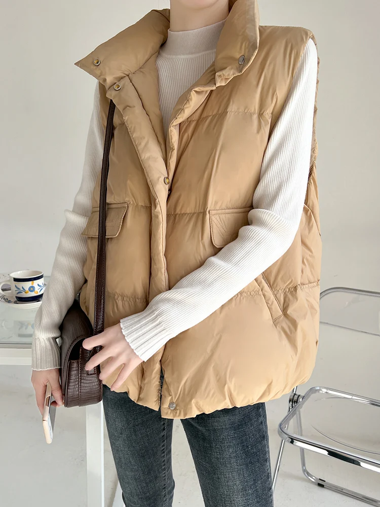 

2022 Newest Cocoon Shaped Puffer Vest Women Single Breasted Stand Collar Winter Short Glossy Duck Down Lightweight Sleeveless