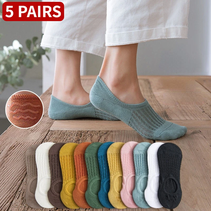 5pair Women Invisible Boat Mesh Socks Summer Mujer Silicone Non-slip Chaussette Ankle Low Cut Female Show Breathable Thin Sock