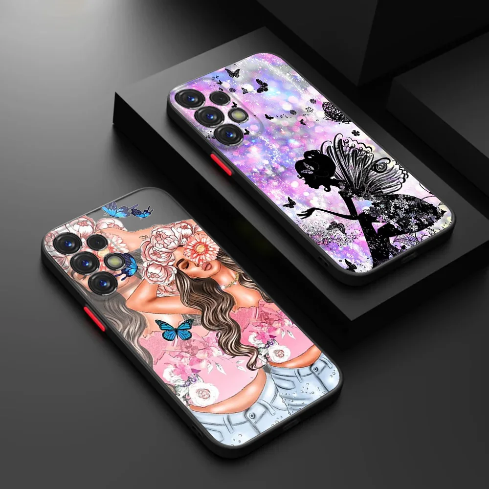 Чехол для телефона Samsung S25 Plus S24 S23FE Ultra A52 A71 A72 A73 A51 A53 A54 A55 Baby Girl Blue Butterfly Matte Translucent Cover