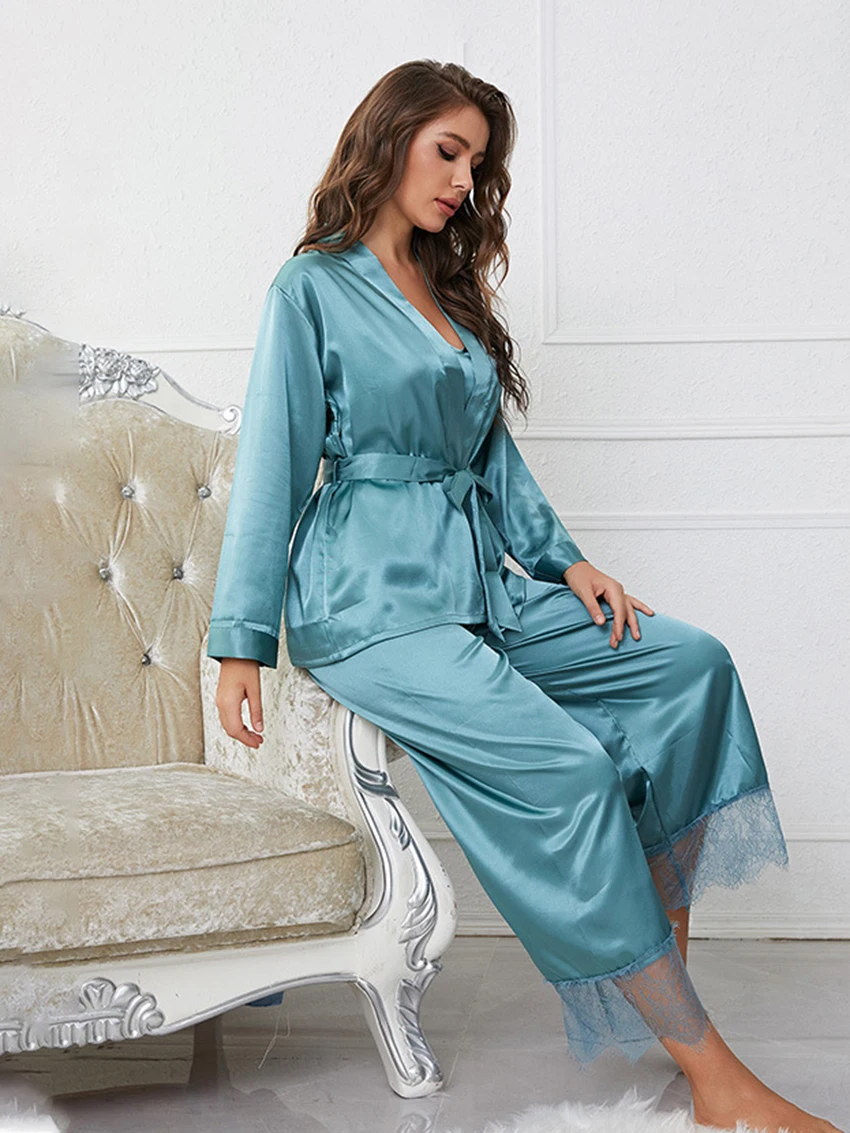 Marthaqiqi Lace Patchwork Women'S Pajamas Spaghetti Strap Nightwear Long Sleeve Robe Lace Up Sleepwear Pants Femme Pyjamas Suits