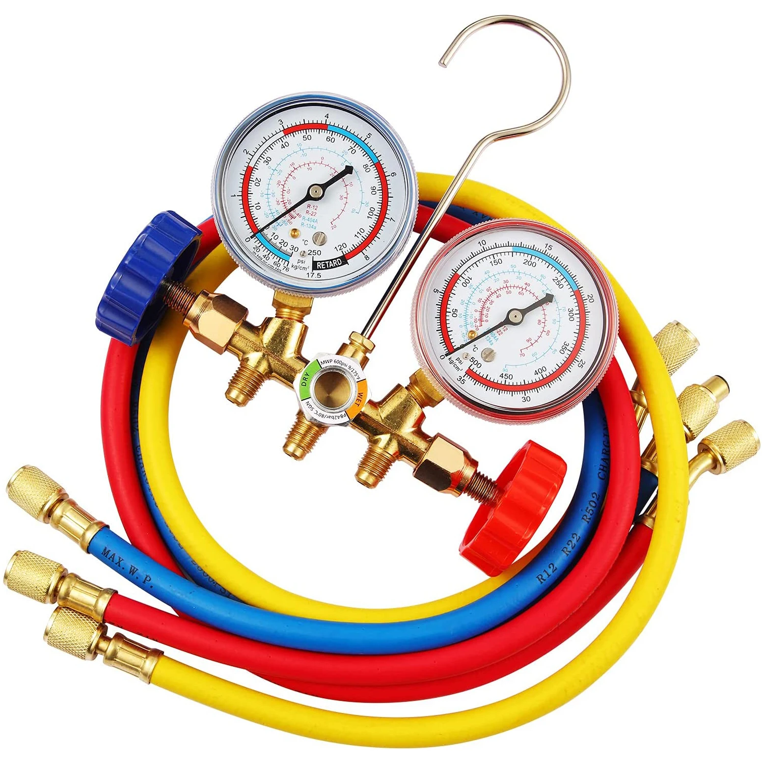 3 Way AC Manifold Gauge Set, R134A, R22, R404A  Air Condition Refrigeration Charging Hoses HVAC Diagnostic Charging Tool