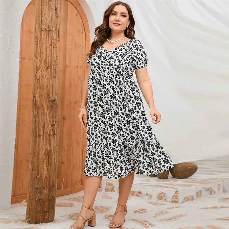 Plus Size Summer Dresses for Women 2023 4XL 5XL Womens Floarl Square collar Ruffles Midi Dress Elegant Party Dresses for Ladies