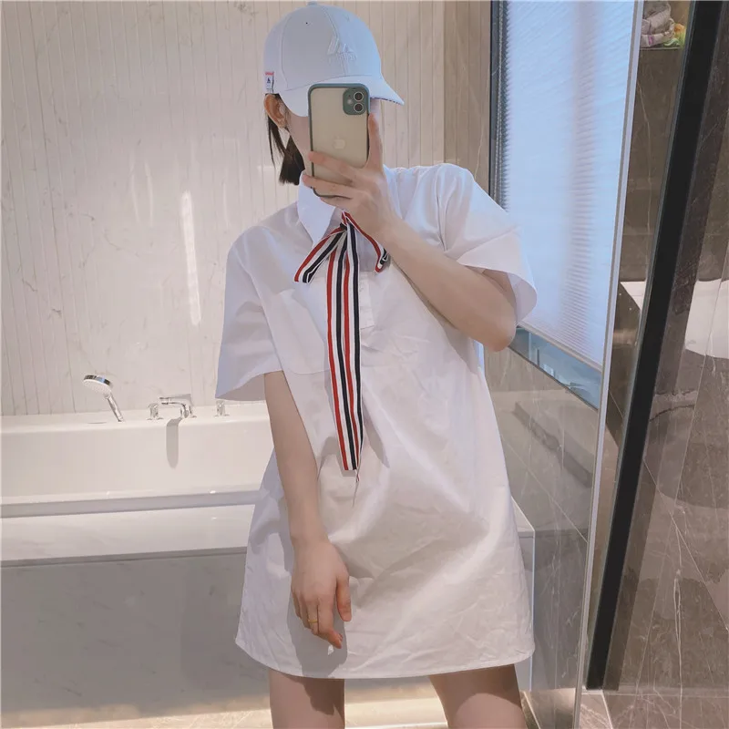 

High Quality TB Korean Style Private Clothes Niche High-end Shirt Skirt Small Simple Temperament Streamer Lapel Loose Dress