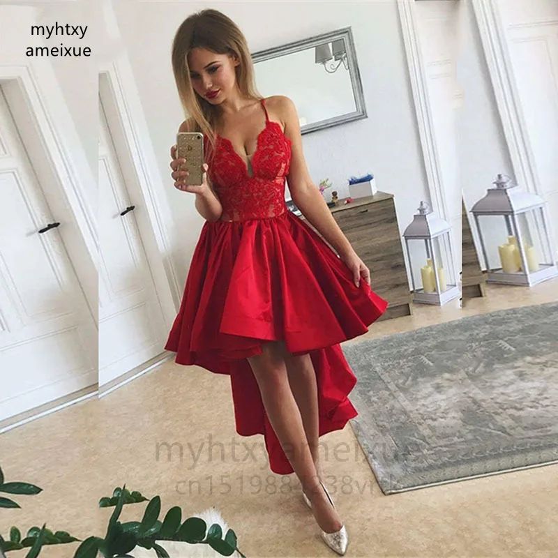 

Sexy Red Lace Homecoming Gowns High Low Cocktail Dresses Sleeveless with Straps Wedding Party Gowns V Neckline