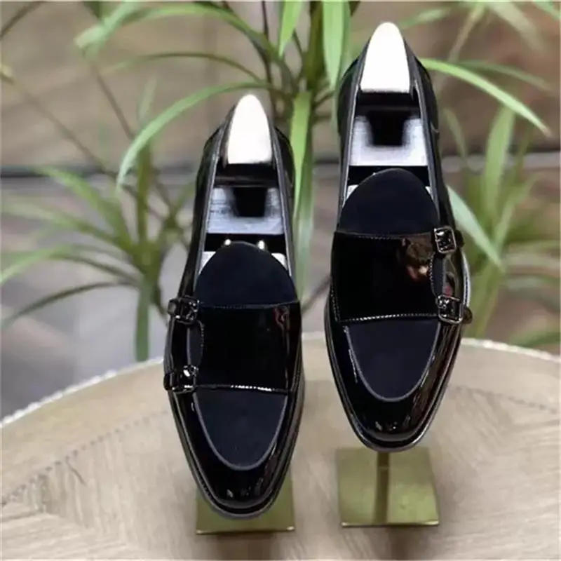 

New Men Fashion Business Casual Dress Shoes Handmade Bright Black Genuine Leather Imitation Suede Double Buckle Loafers ZQ0508