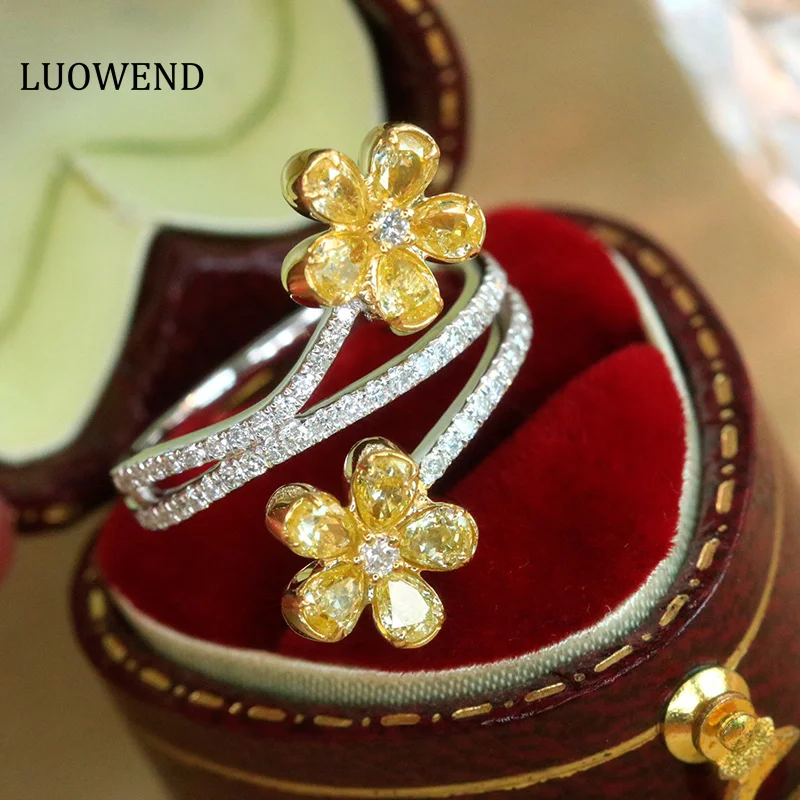 LUOWEND 18K кольца из белого золота настоящие натуральные желтые бриллианты романтические обручальные кольца в форме двух цветов для женщин обручальные кольца