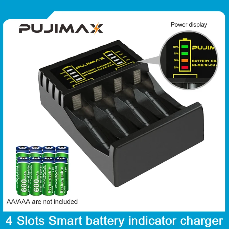 

PUJIMAX 4 slot Battery Charger for AAA/AA Rechargeable Battery Short Circuit Protection with LED Indicator Ni-MH/Ni-Cd charger