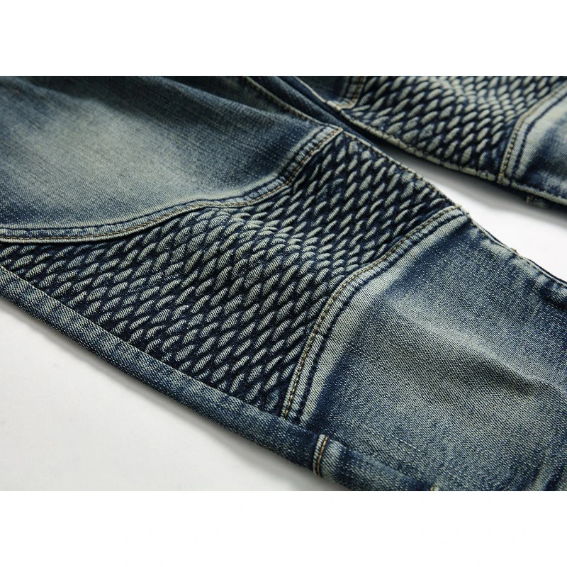 Men Jeans Vintage Jeans Trousers Men's Casual Ripped Jeans Washed Straight Slim Pleated Motorcycle Biker Jeans Pants Streetwear