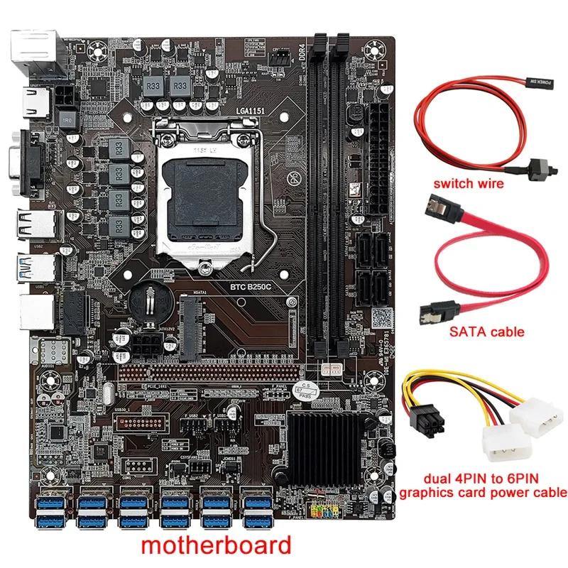 

12 Card B250C BTC Mining Motherboard+4PIN To 6PIN Power Cable+SATA Cable+Switch Cable 12 USB3.0(PCIE) LGA1151 DDR4 MSATA