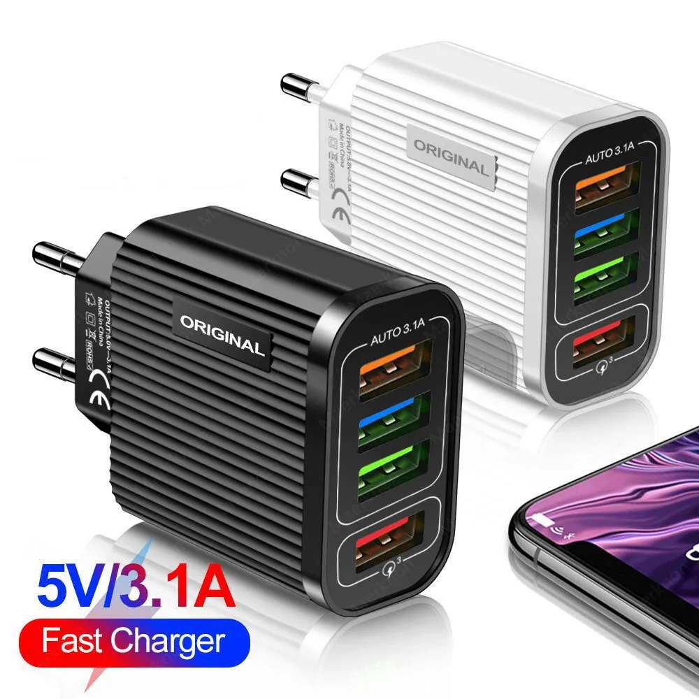 4 Ports 20W USB Charger Wall Adapter Fast Charger For Phone Charging For iphone Samsung Xiaomi Tablet Quick Mobile Charger QC3.0