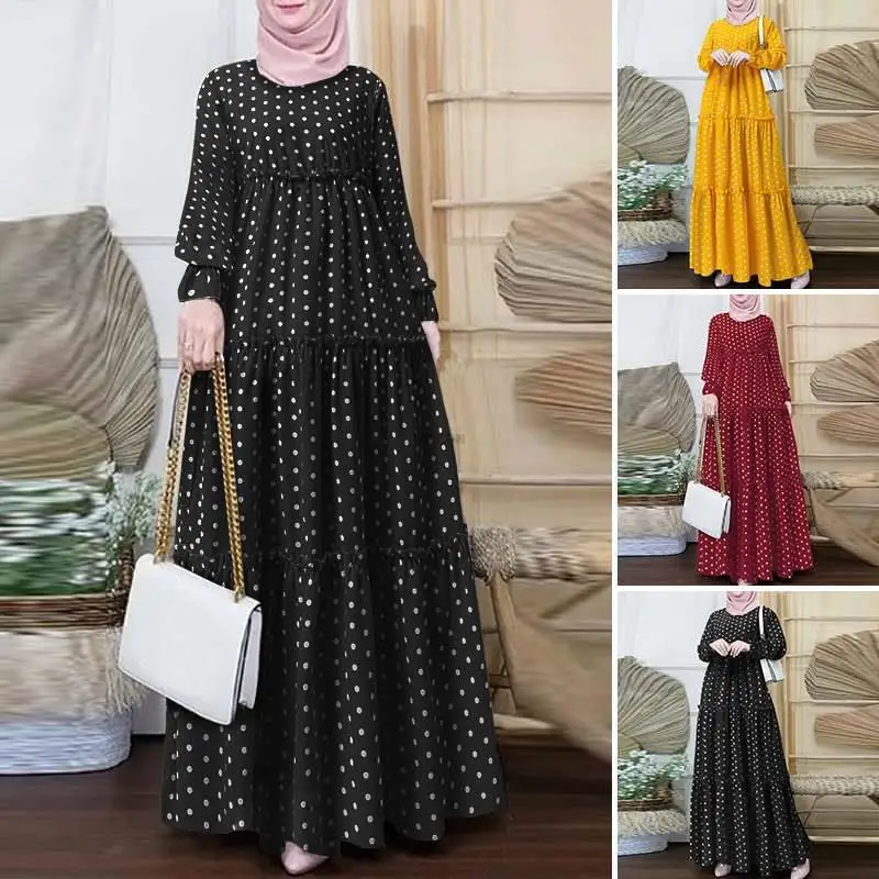 

Mulsim Dubai Turkey Hijab Sundress Women's Vintage Polka Dot Printed Abaya Dress Femme Robe Maxi Dress Islamic Clothing Abaya