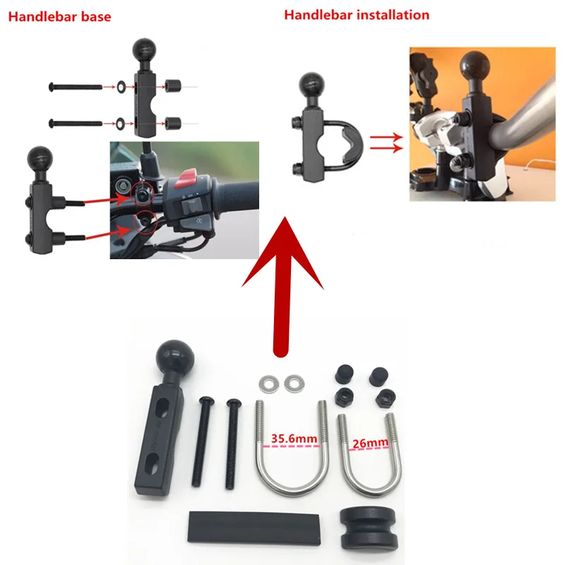Motorcycle Handlebar Brake Clutch Control Base Combo U Bolt Mount Kit w/ 1 inch rubber ball for to work with gopro camera ram
