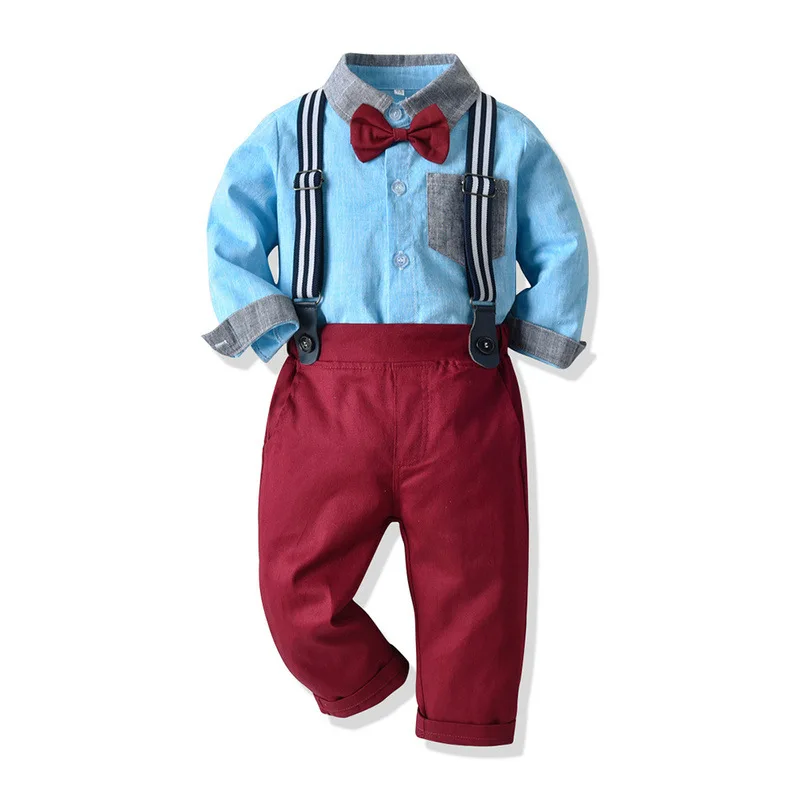 

Children's Clothing Spring and Autumn Lapel Patch Pocket Long-sleeved Shirt + Bow Tie + Overalls Multi-piece Set Boys Clothes