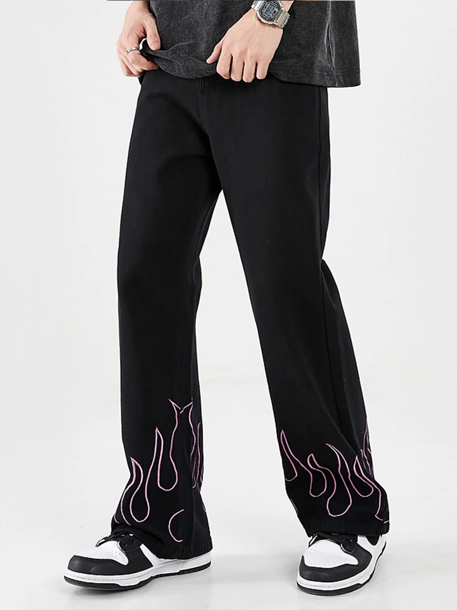 Four Seasons Men's Jeans Trend Flame Pattern Embroidery Unisex Micro-Flare Loose Wide Leg Trousers Streetwear Men's Ins Hot Sale