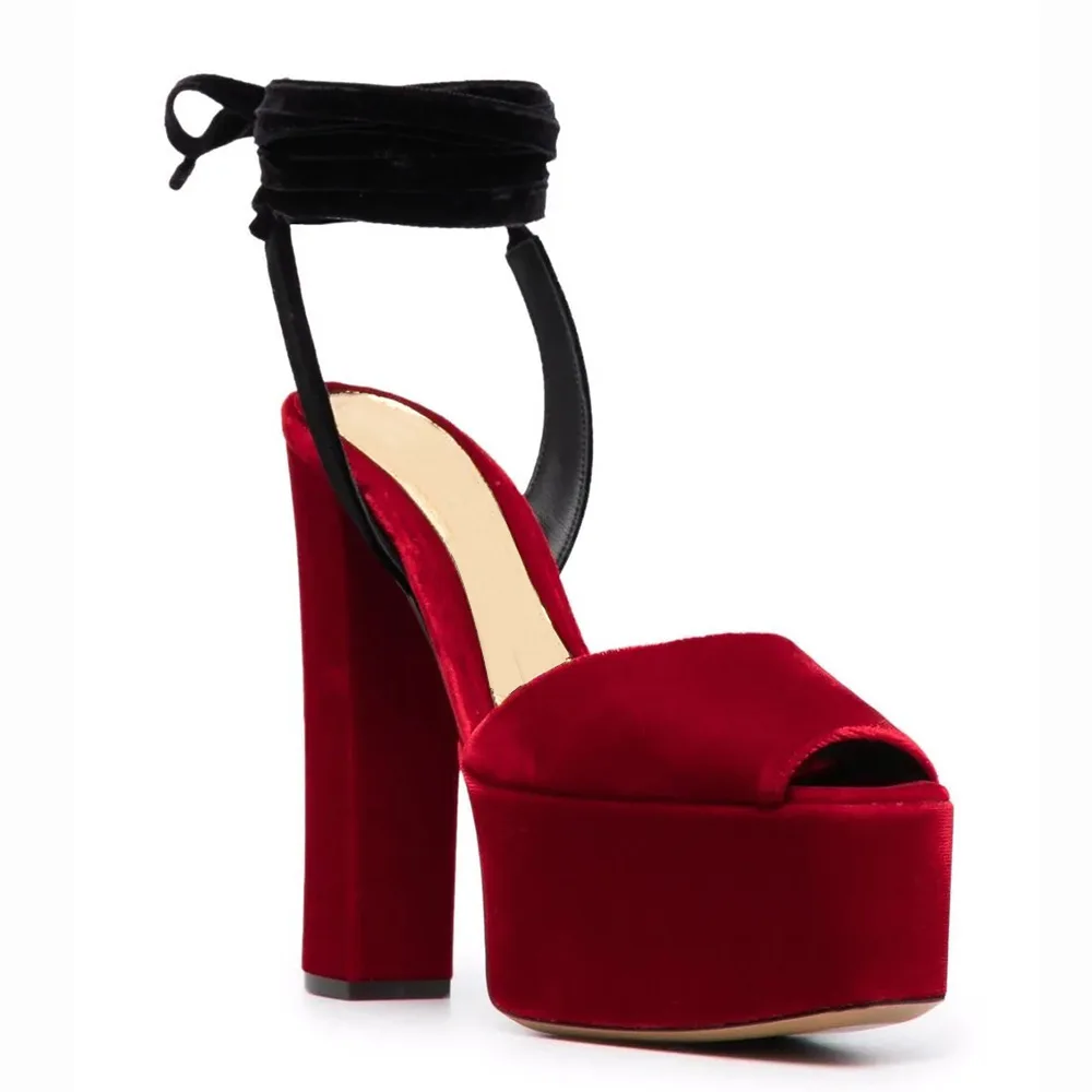 

Women Red Velvet Chunky Heel Sandals 2022 Peep Toe Large Size Lace Up Party Heels Block Heel Platforms High Heel Lady Shoes