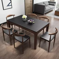 Dining Table Set 6 Chairs Italian Modern Natural Stone Rock Rectangular Ceramic Top Solid Wood Bright Restaurant Furniture