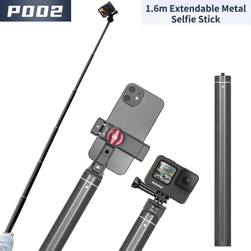 For Ulanzi P002 1.6m Extendable Handheld Metal Selfie Stick Telescope Pole For GoPro 11 10 9 DJI Action 2 3 Cameras iPhone 14 13