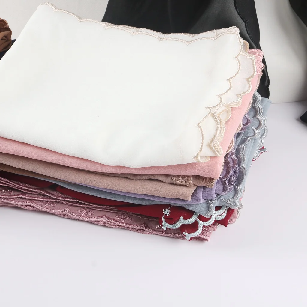 Lace Plain Chiffon Hijabs With Embroidery Muslim Headband Headscarf Female Islamic Head Cover Wrap For Women Modest Turbans