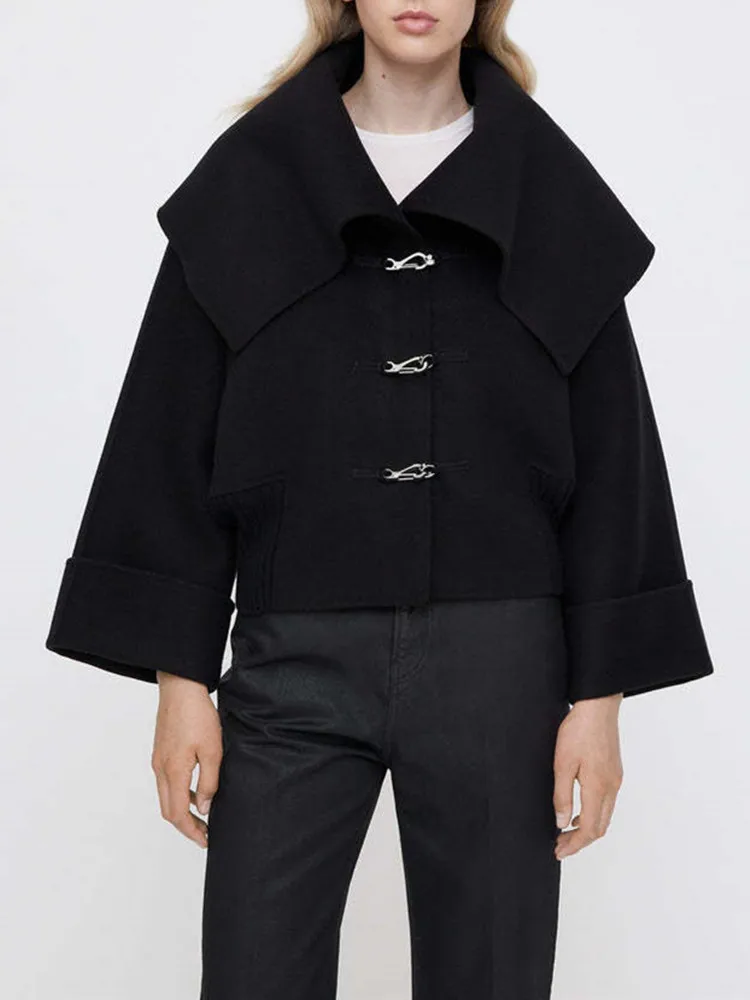 

Women Coat Lock Buttons Turn Down Collar Long Sleeve Solid Color Loose Wool Blend Jacket