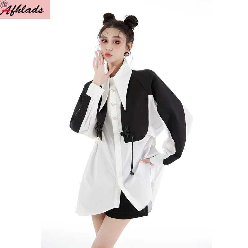 

New Patchwork Contrast Color Luxury Fake Two Piece Shirt Dress Spring And Autumn Long Sleeve Turn Down Collar Women's Clothing