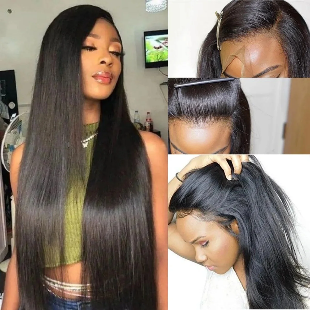 Парик Из прямых человеческих волос 13x 4 парик из натуральных черных