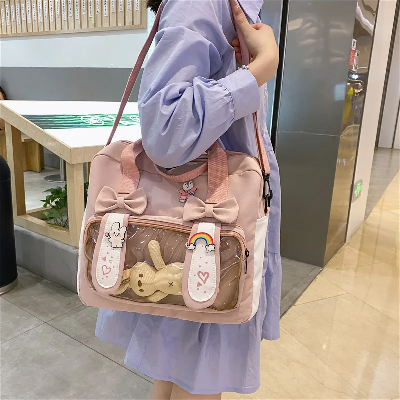 

Cute Print Backpack Multi-function Rabbit Ears Shoulder Bag Kawaii Student Bags Fashion Transprent Pocket Bag For Girls XA103H