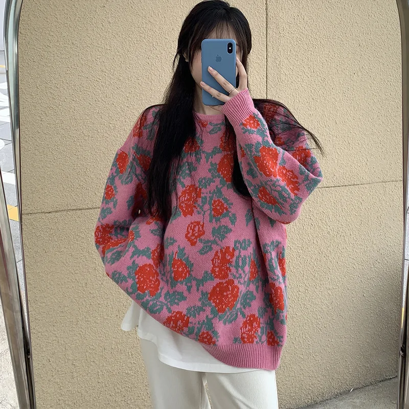 

Women O-Neck Loose Casual Flower Pullovers Thick Wool Jacquard Knitted Sweater Autumn Winter Preppy Style Warm Leisure Jumpers
