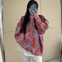 women o neck loose casual flower pullovers thick wool jacquard knitted sweater autumn winter preppy style warm leisure jumpers
