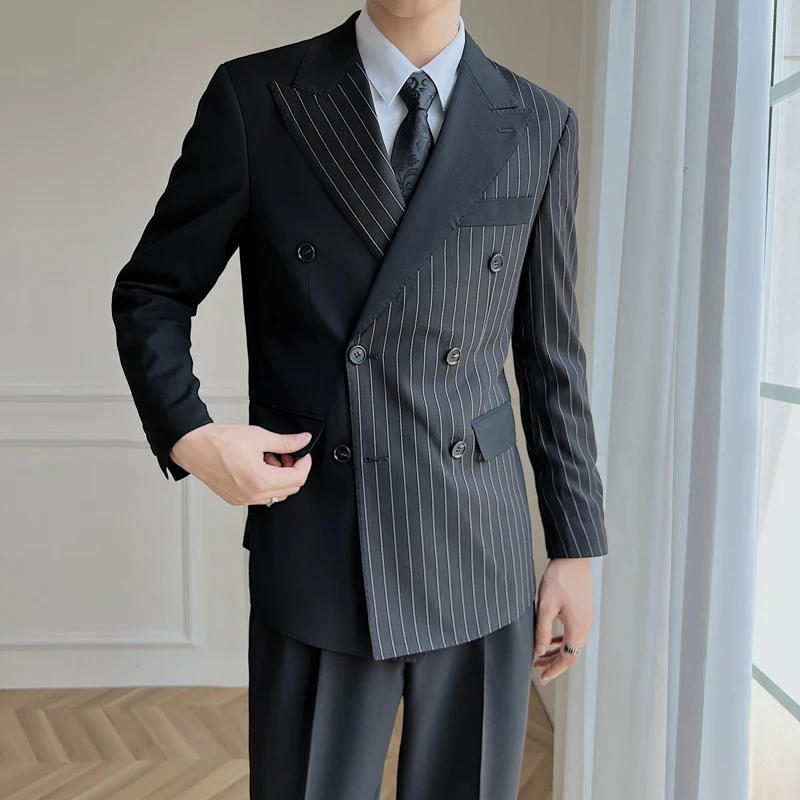 Men Blakc Splice Stripe Double Breasted Business Casual Fashion Vintage Slim Fit Blazers Suit Jacket Male Coat Outerwear