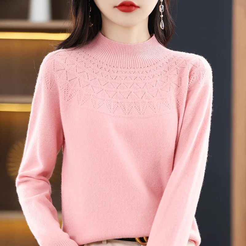 

Women Pullover Spring/Autumn Casual Knitwear 100% Pure Wool Sweater Ladies Top Half Turtleneck Loose Hollow Bottom Blouse