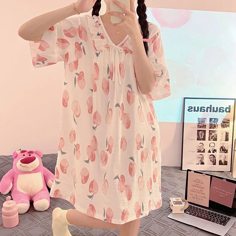 Summer Womens Nightdress V-Neck Sleepshirt Sweet Cute Pajamas Nightwear Sleepwear Spring Home Dressing Gown Nightgowns Plus Size