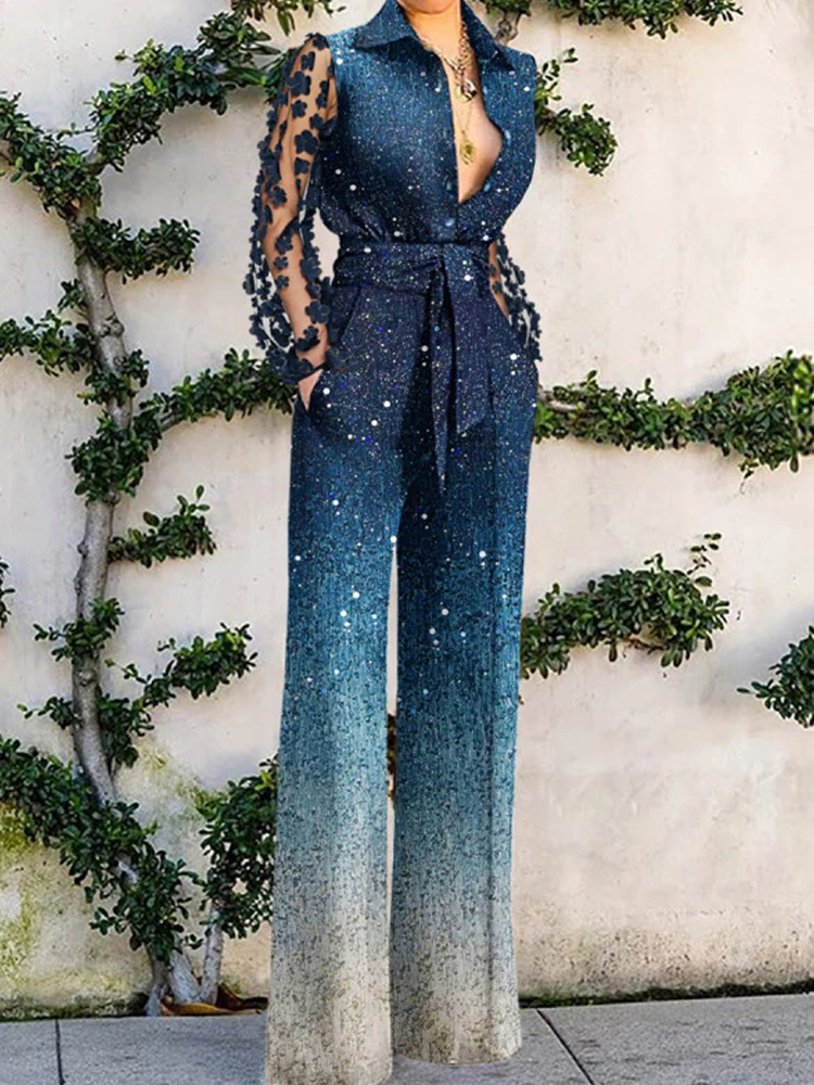 

Sexy Lace Patchwork Flared Pants Jumpsuit Women Elegant Suit Collar Button Long Sleeve Sheer Jumpsuit Office Fashion Jumpsuit