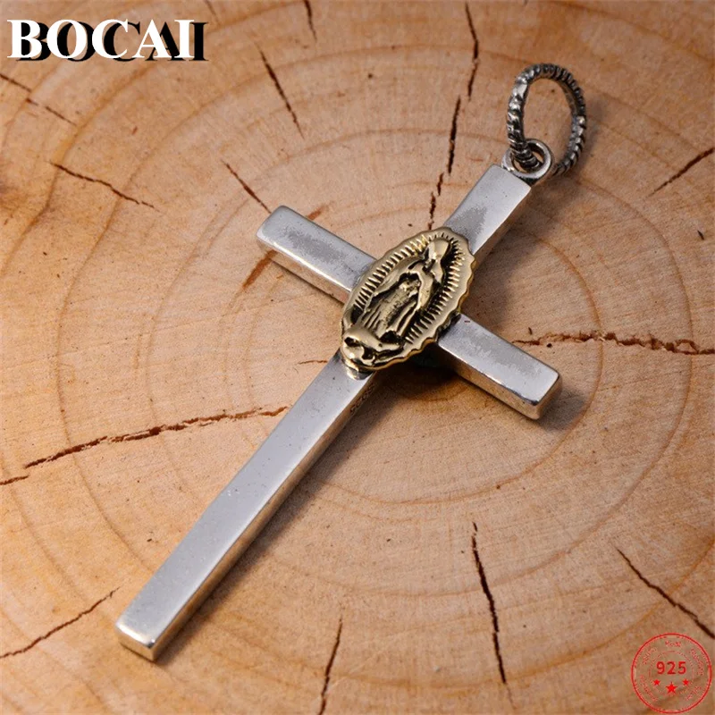 

BOCAI S925 Sterling Silver Pendant Fashion Crystal Virgin Mary Cross Pure Argentum Hanging Drop Amulet Jewelry for Women Men