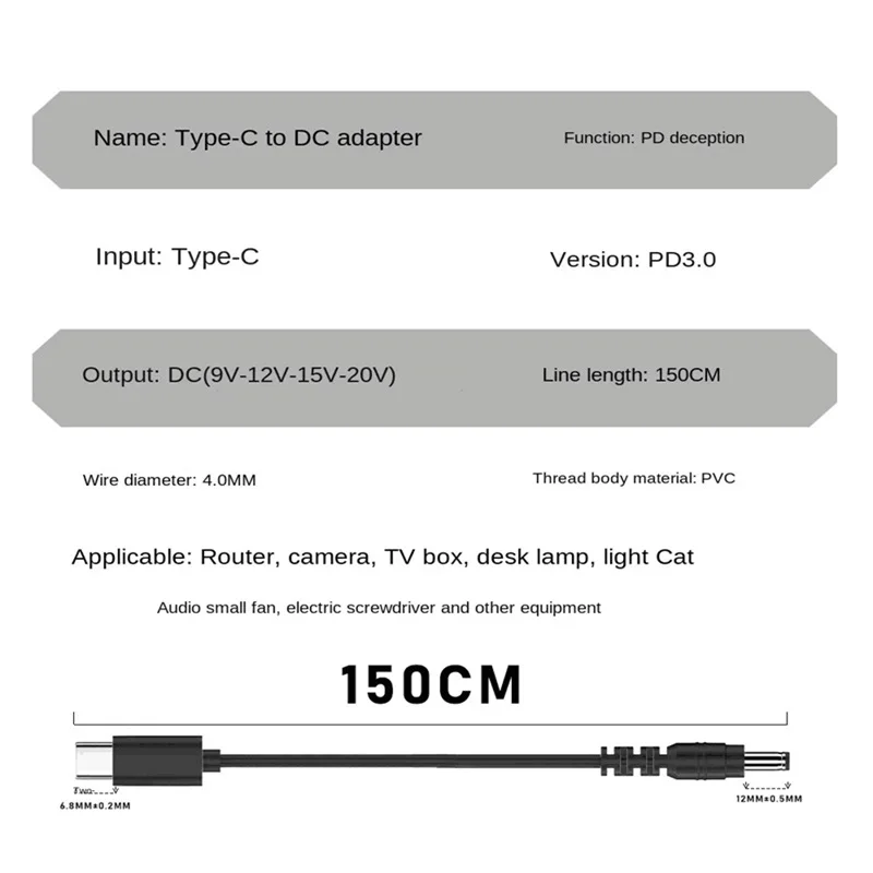 9V 12V 15V 20V 3A USB Type C PD to DC 5.5 2.1 Кабель-адаптер линии электропередачи Кабель-переходник
