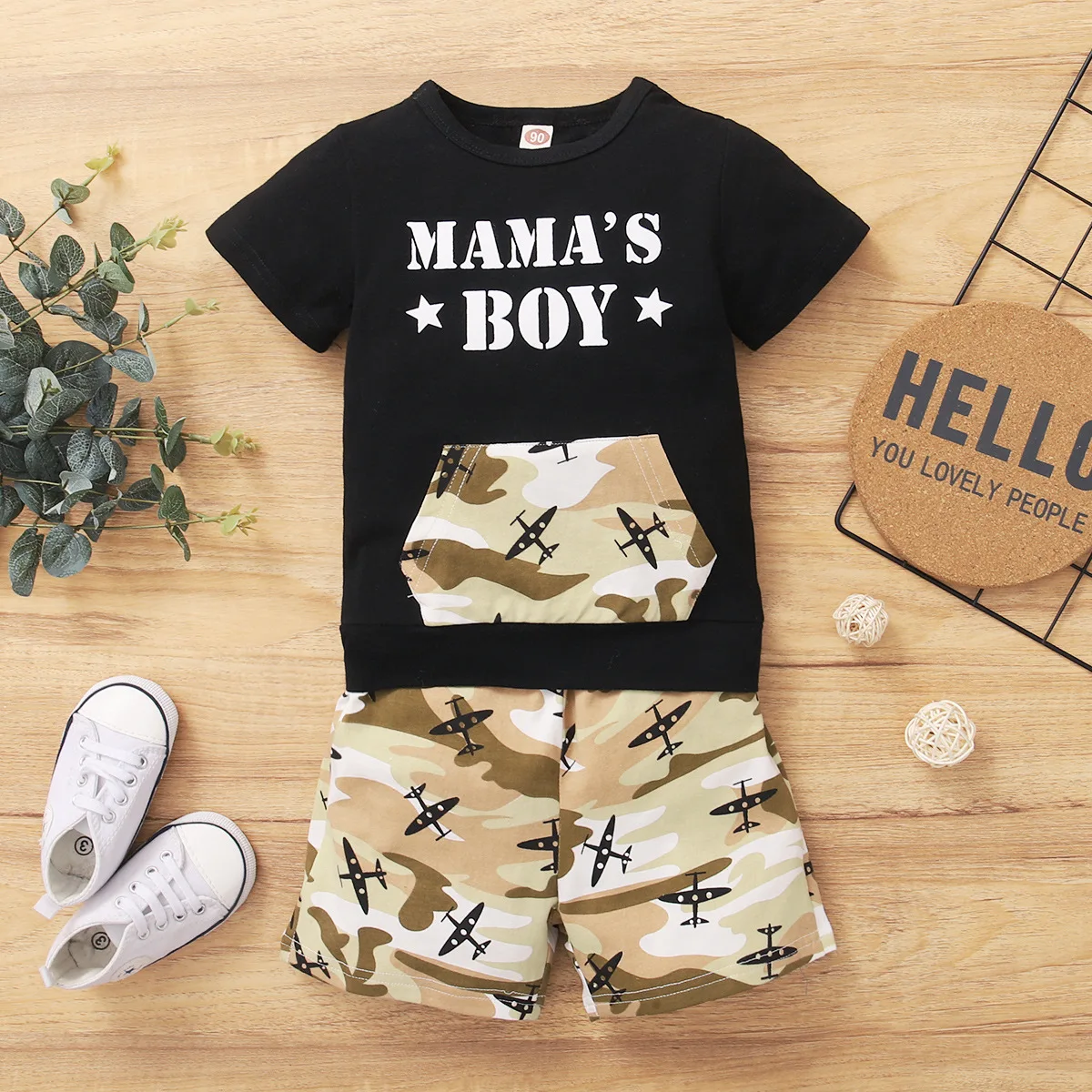 

Baby Boy Clothes Infant Outfits Toddler Letter Print T-shirt with Pocket + Camouflage Shorts 2pcs Set Children Clothing Sets