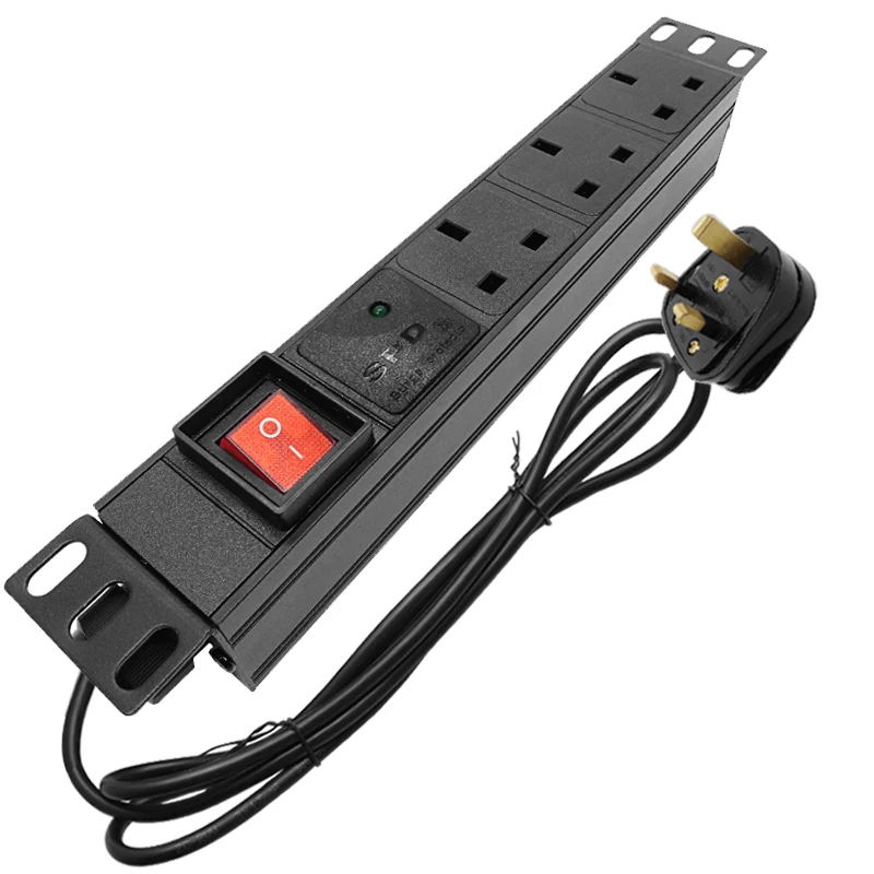 

13A UK Plug 3AC Socket Network Rack PDU Power Strip Surge Protection ON/OFF 2Meters Cable