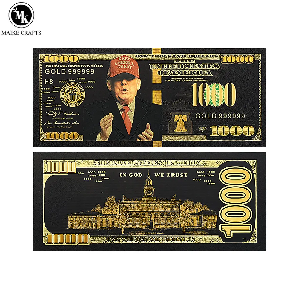 

2024 President Donald Trump of The United States Black 1000 Dollar Gold Foil Banknote Plastic Card Handicraft Collection Gift