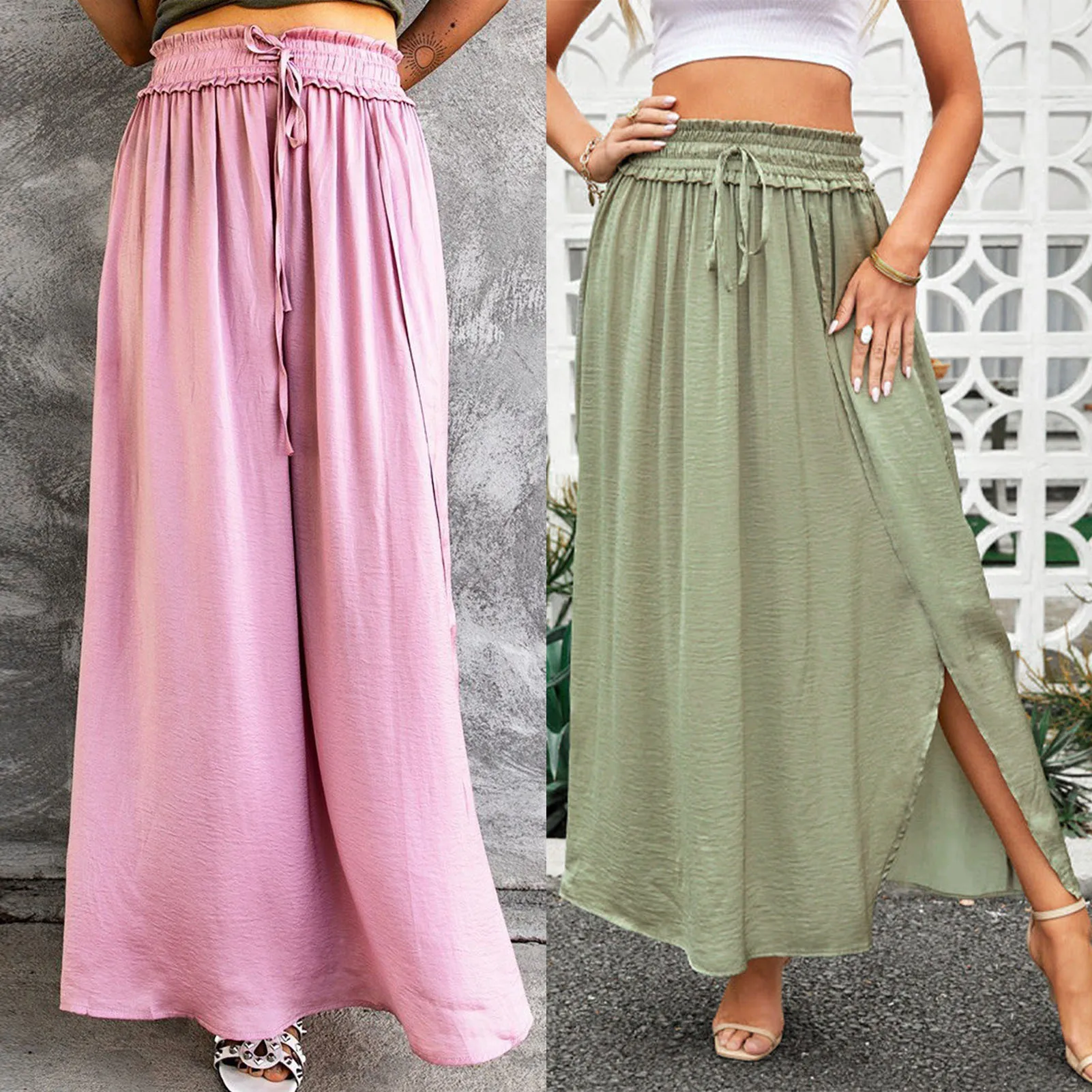 

Women High Waist Loose Skirt Casual Split Hem Chic Drawstring Maxi Skirt Sexy Elastic Waist Midi Skirt Solid Ruched Daily Wear