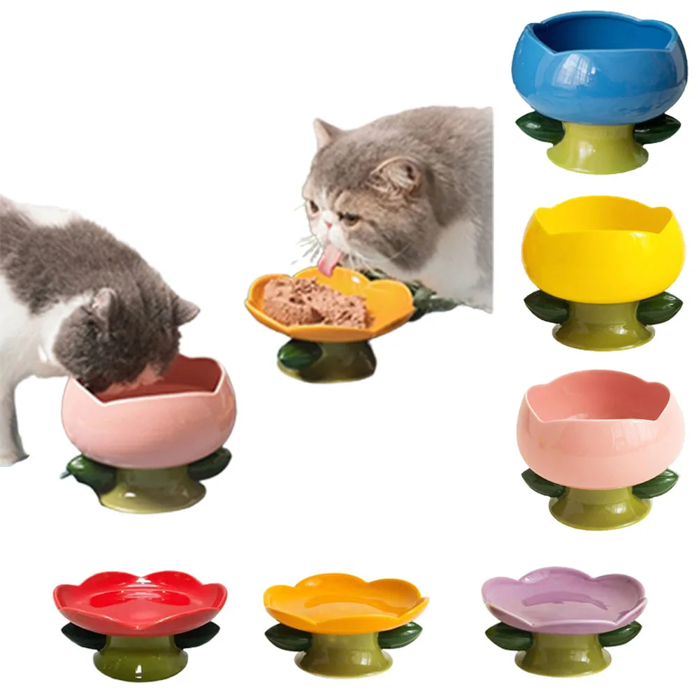 

Cute Food Puppy Water Dog Protection Cat Shape Flower Non-slip High Plate Bowl Cervical Foot Supplies Ceramic Pet Feeding Feeder