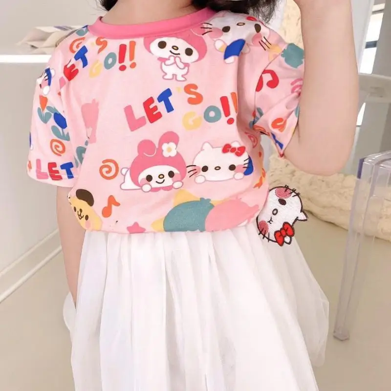 

Kawaii Hellokitty Sanrio Children T-Shirt Short Sleeve Cute Anime My Melody Purin Dog Girl Children Clothing Cartoon Jacket Gift
