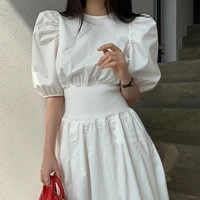 women dress cottagecore white o neck 2021 summer korean chic elegant puff short sleeve high waist tunic midi dresses vintage