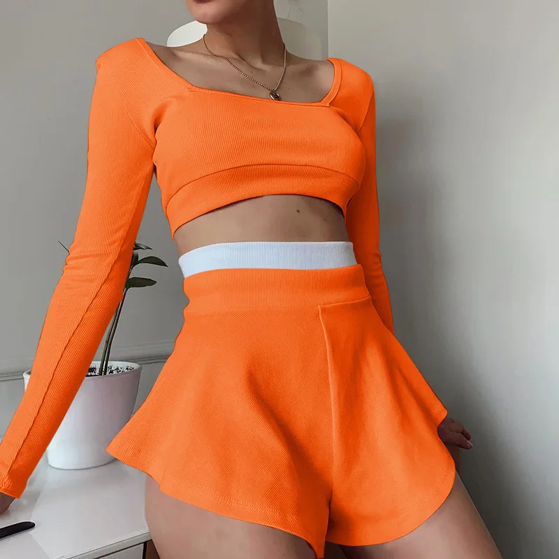 Fashion Casual Sport Shorts Skirts Set Women Summer Leisure Two Piece Set Shorts Set Solid Colors Patchwork Sexy Slim Crop Tops