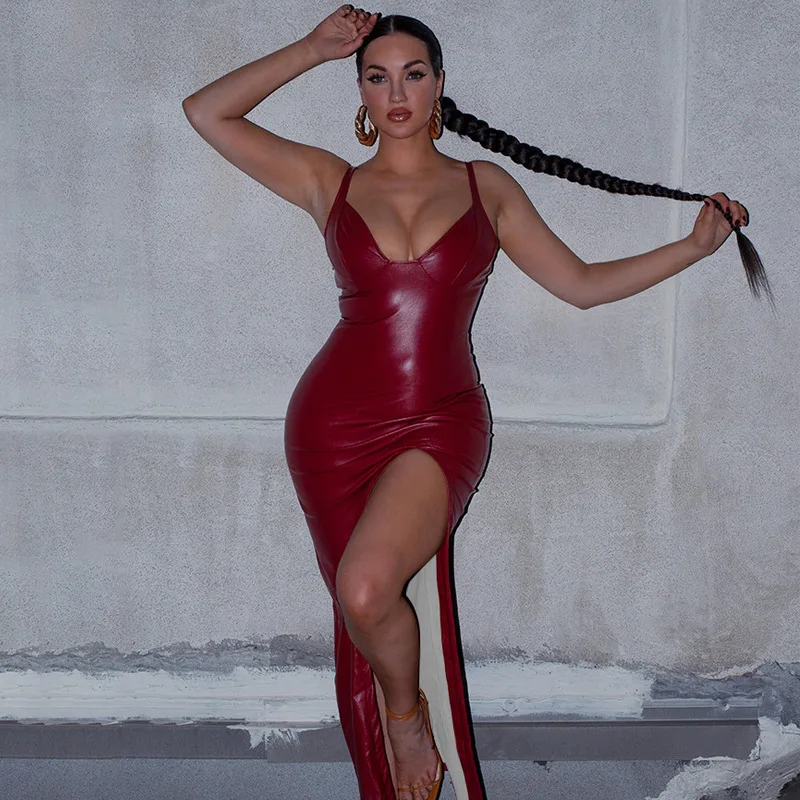 

Red PU Leather High Split Sexy Dress Women Spaghetti Strap Long Bodycon Summer Dress Night Club Party Dresses Vestidos