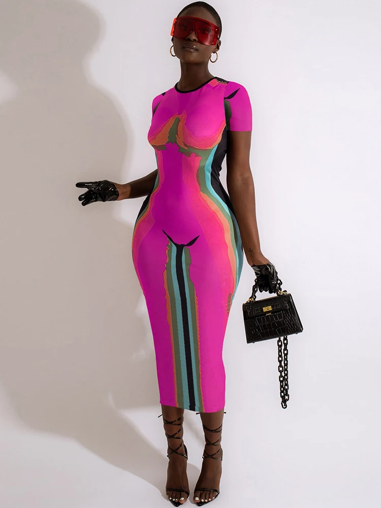 

Летнее приталенное платье до середины икры с графическим принтом, женский наряд для отпуска с круглым вырезом и коротким рукавом, одежда в с...