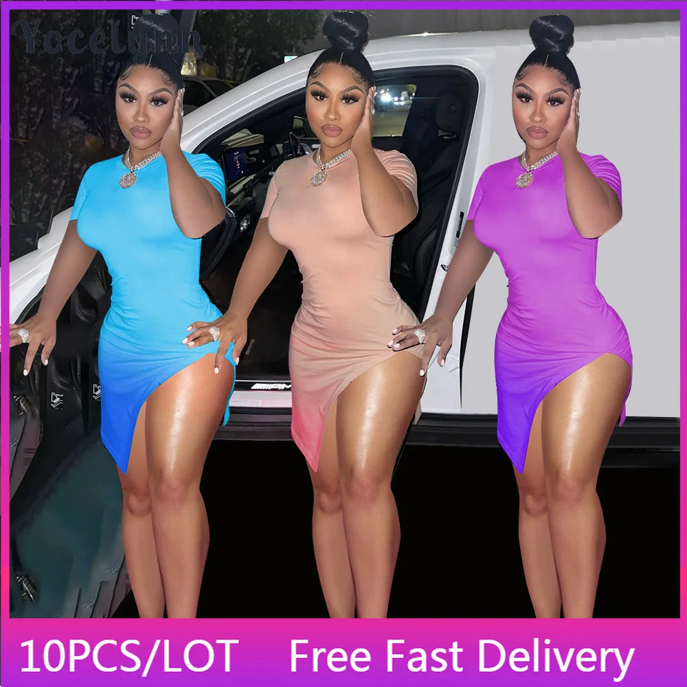 

10PCS Bulk Items Wholesale Lots Sexy Side Split Club Dress Women Gradient Color Bodycon Midi Dress Night Club Part Outfits 2022