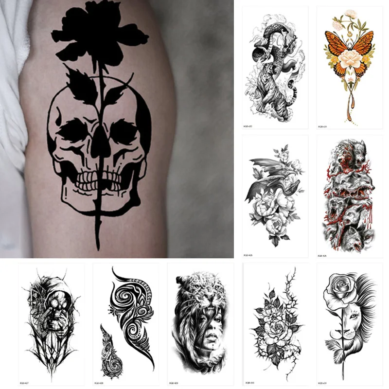 

Waterproof Skull Rose Tattoo Stickers Half Sleeve Leg Arm Water Transfer Temporary Fake Tattoo Long Lasting Body Art Decor