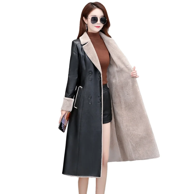 Genuine Leather Jacket Women Winter Fashion New Lamb Fur Liner Thicken Warm Long Overcoat Belt Sheepskin Coat Female Clothing